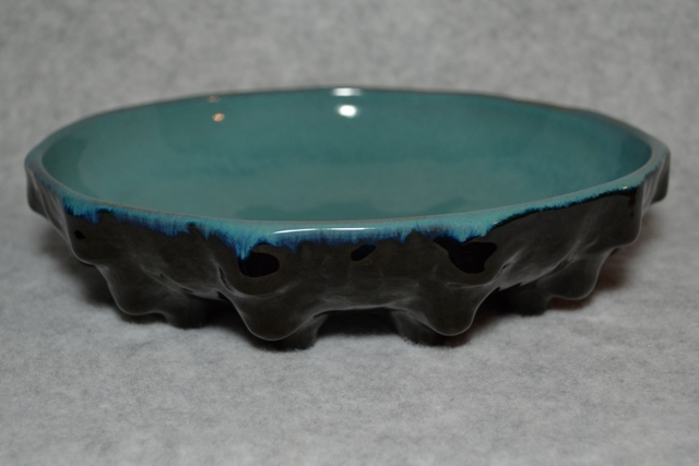 Frankoma low bowl glazed turquoise and black